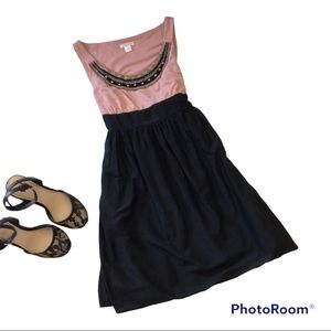 Bead Accented Neckline Pink & Black Dress XS